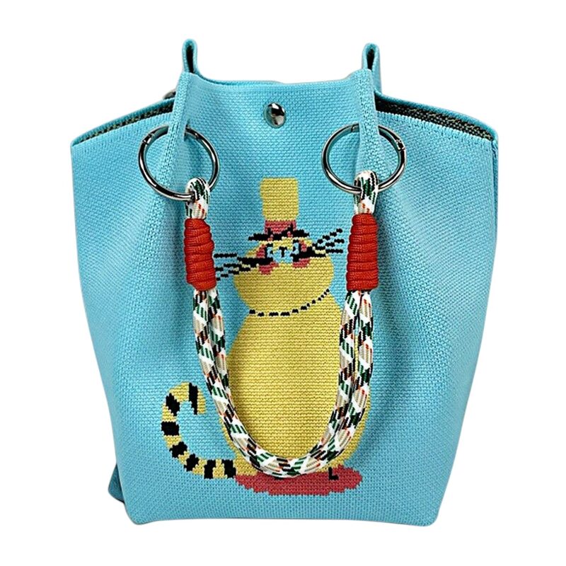 Turquoise Kitty Knit Bucket Bag with Wrist Strap
