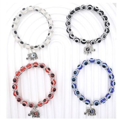 12pk Elephant Charm Evil Eye Beaded Stretch Bracelets
