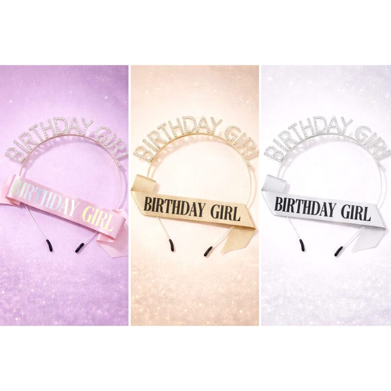 Sparkling Glitter Birthday Girl Headband Sash Set
