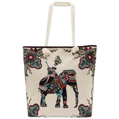 Boho Elephant Canvas Beach Tote Bag with Rope Handles