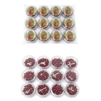 12pk Wooden Guadalupe Mary Cross Rosary Red