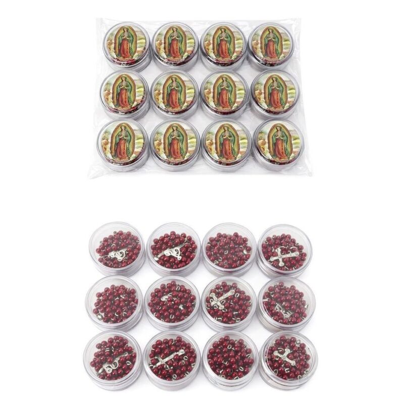 12pk Wooden Guadalupe Mary Cross Rosary Red