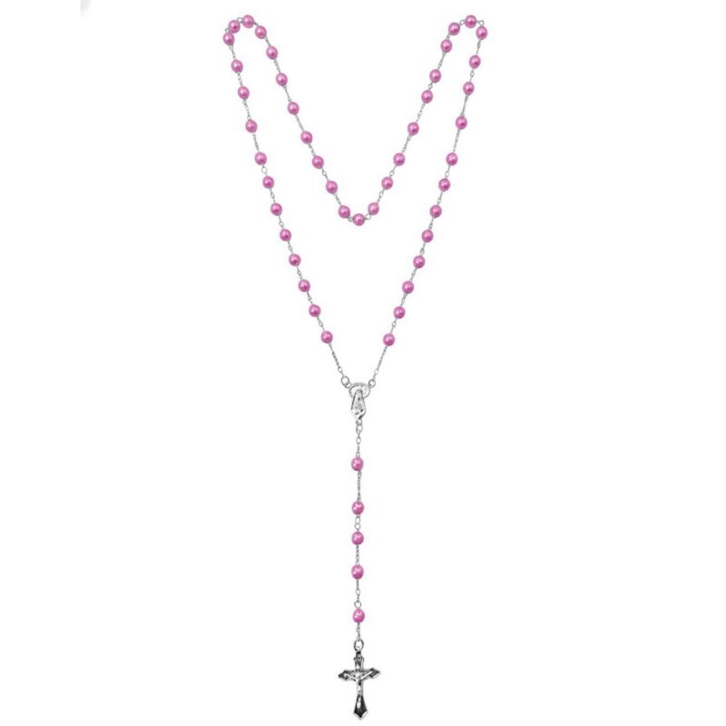 12pk Crystal Pearls Guadalupe Mary Jesus Cross Rosary Pink