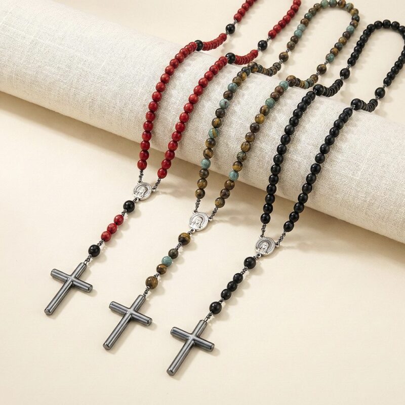 12pk 6MM Crystal Beads Metallic Cross Rosary