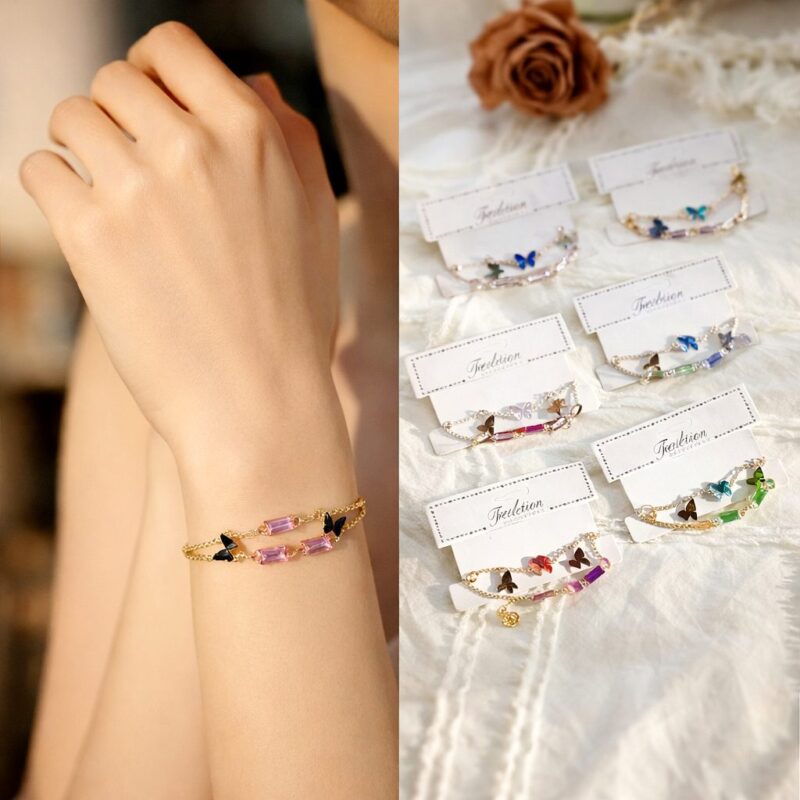 12pk Butterfly Charm Beaded Bracelet Set, Colorful Crystal Butterfly Bracelets,