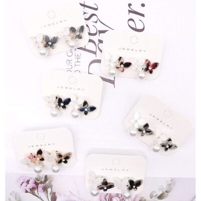12pk Butterfly Pearl Rhinestone Stud Earrings Elegant Fashion Jewelry for