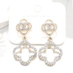 AER1846 12pk Double Clover Outline Rhinestone Dangle Earrings