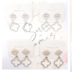 AER1846-2 12pk Double Clover Outline Rhinestone Dangle Earrings
