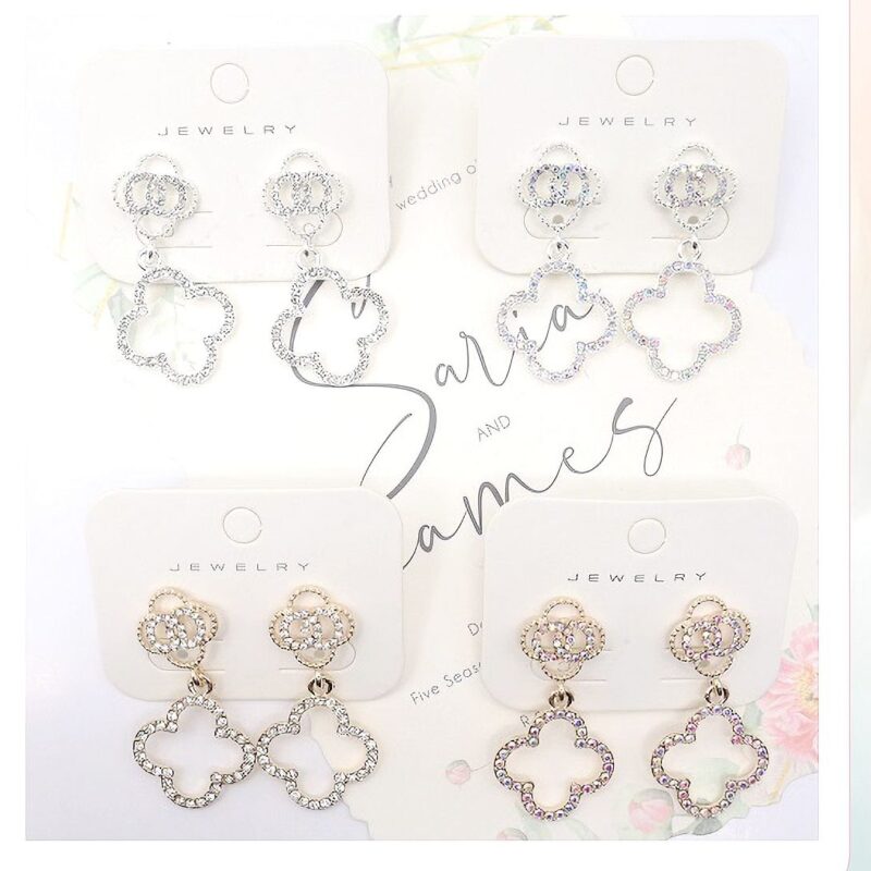 12pk Double Clover Outline Rhinestone Dangle Earrings