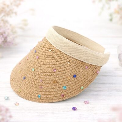 12pk Rhinestone Straw Visor Assorted Pack Lightweight Summer Boutique Sun Visor