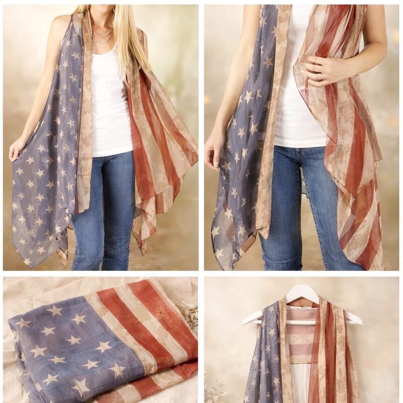 Vintage American Flag Kimono Shawl Swim Coverup Lightweight Summer Wrap