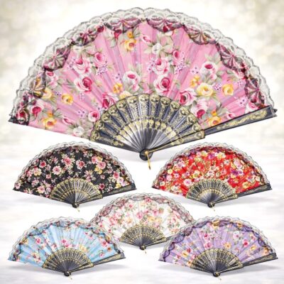 6 Color Assorted Lace Floral Folding Fan – Elegant Flower Lace Fan, Decorative