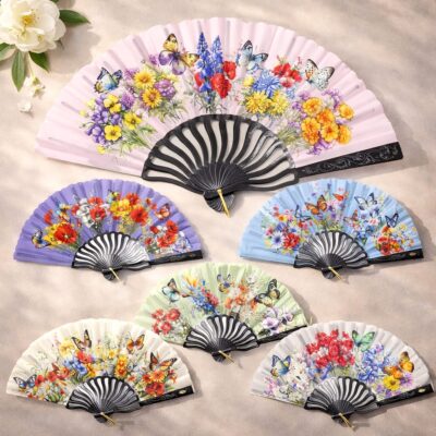 6 Color Assorted Floral Butterfly Folding Fan Set – Vintage Flower Hand Fans