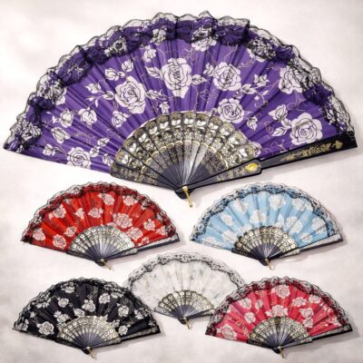 6 Color Assorted Lace Rose Folding Hand Fan – Elegant Lace Floral Fan, Vintage
