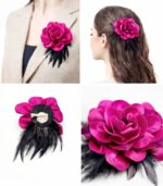 H111b Velvet Flower Hair Clip and Brooch Pin Multi Use Floral Hair Accessory Red