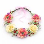 H112PKIV Floral Flower Crown Headband Bridal Flower Halo Wedding Festival Hair Wreath Red