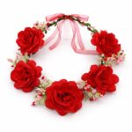 H112RD Floral Flower Crown Headband Bridal Flower Halo Wedding Festival Hair Wreath Red