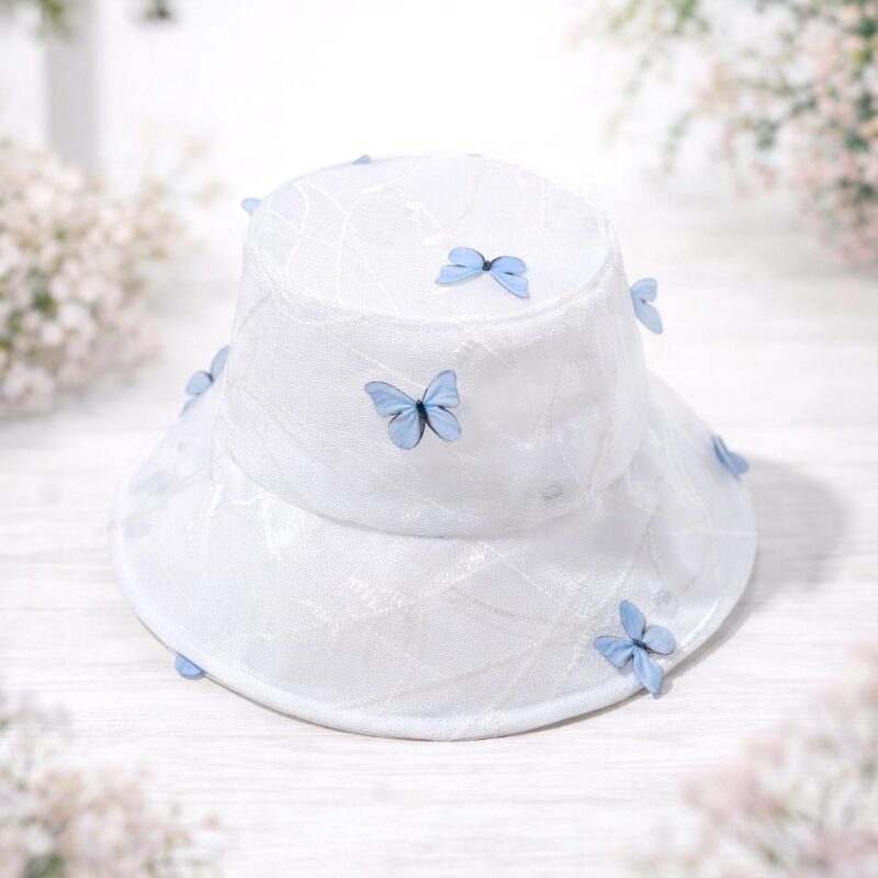 12pk Butterfly Embroidered Bucket Hat, Lightweight Summer Sun Hat, Sheer Floral