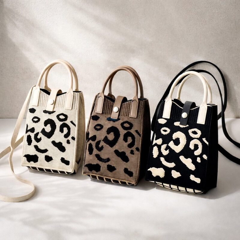 3 Color Assorted Leopard Mini Phone Bag – Knit Crossbody Phone Pouch, Small Cell