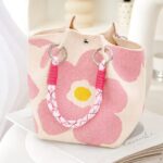 SS51116-23 Pink Flower Knitted Mini Tote Bag – Cute Floral Knit Handbag, Small Summer Tote