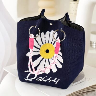 Daisy Knitted Mini Tote Bag – Floral Knit Handbag, Cute Small Summer Purse